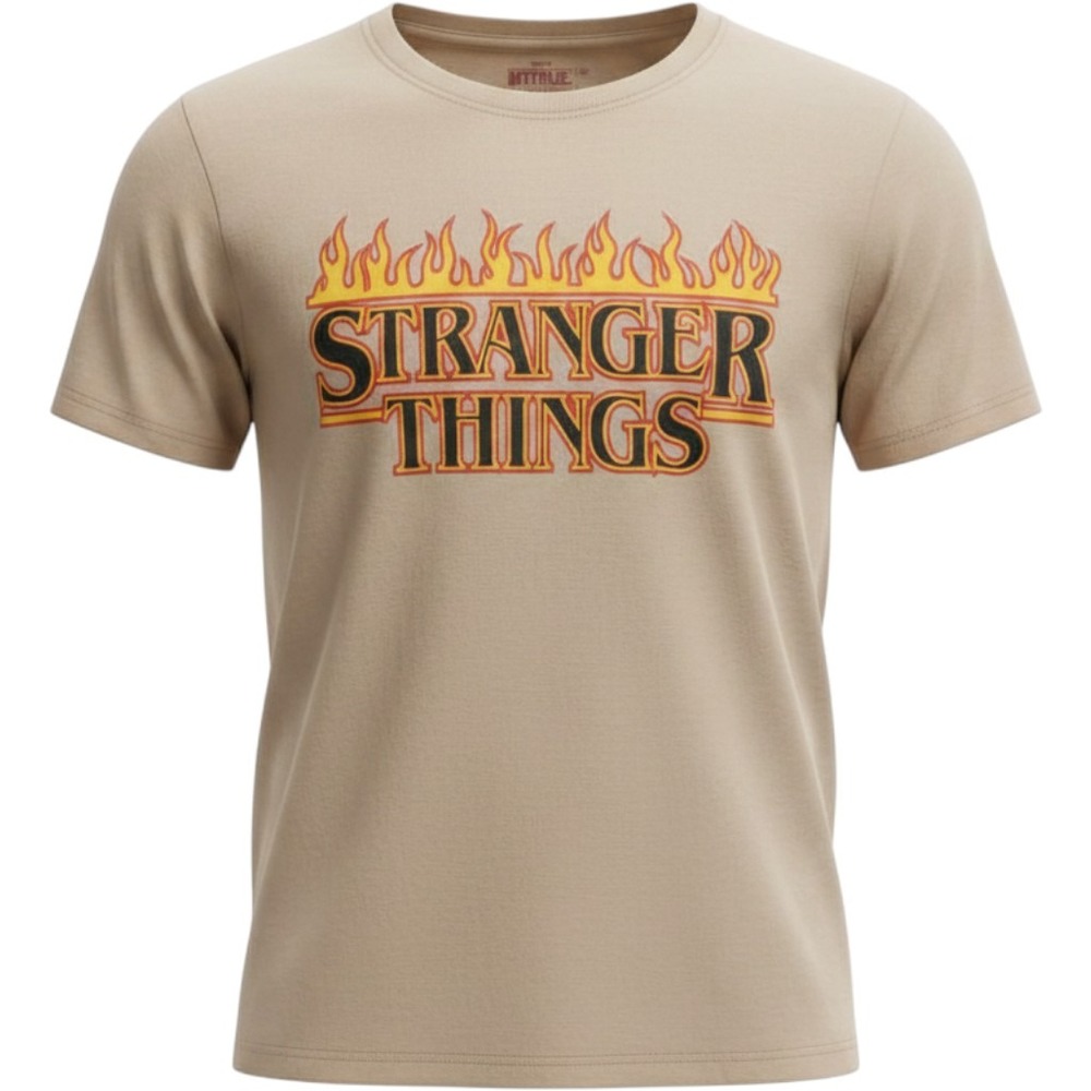 Stranger Things kids Tan Flame Logo Graphic T-Shirt New Size 10 Netflix Shirt